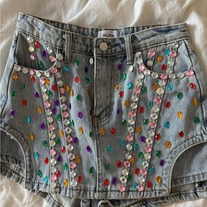 RUTA Embellished Light Wash Denim Skirt with Multicolor Gems